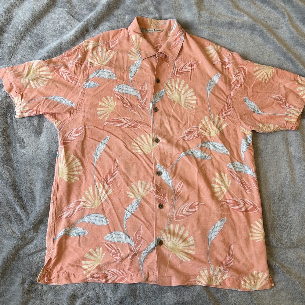 Tommy Bahama Silk Blend Floral Short Sleeve Button Up Shirt Men's XL Salmon